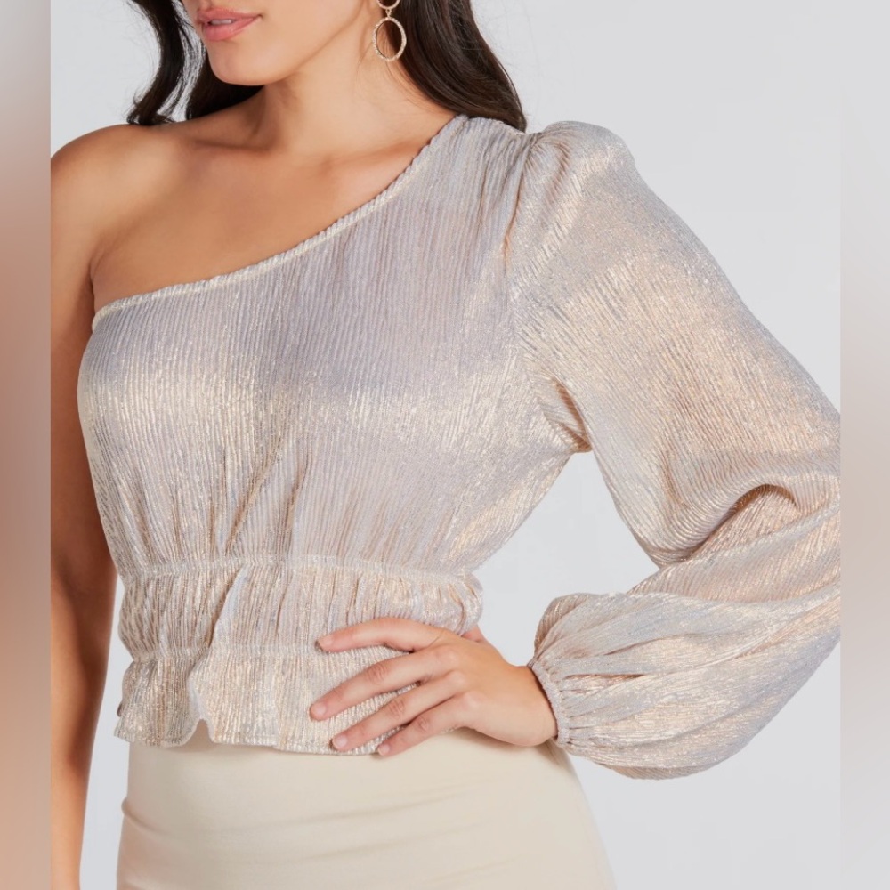 Tullea Champagne Shimmer One Shoulder Peplum Waist Blouse Size S/M
